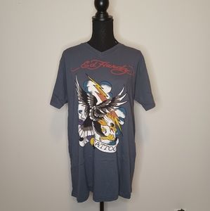 Ed Hardy Grey Shirt with Eagle and Lightning Print, Size L